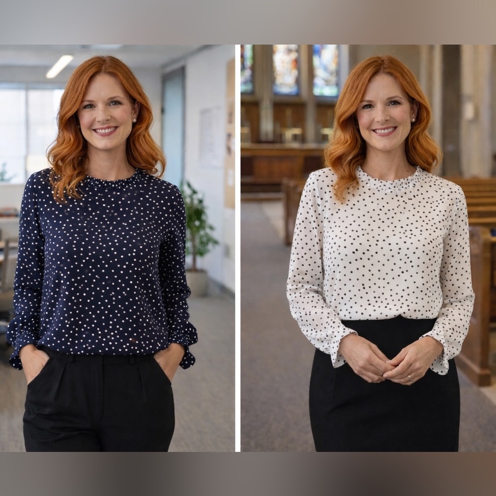 Ann Taylor Polka Dot Long-Sleeve Blouse in Navy and White